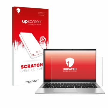 Vorderseite einer Produktverpackung mit dem Markenlogo upscreen. Daneben ist das Gerät HP EliteBook 845 G8 mit dem zugehörigen