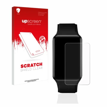 Vorderseite einer Produktverpackung mit dem Markenlogo upscreen. Daneben ist das Gerät Oppo Watch Free mit dem zugehörigen Dis