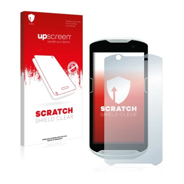 Vorderseite einer Produktverpackung mit dem Markenlogo upscreen. Daneben ist das Gerät Zebra TC52 mit dem zugehörigen Displays