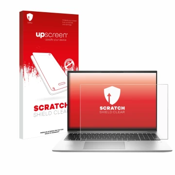 Vorderseite einer Produktverpackung mit dem Markenlogo upscreen. Daneben ist das Gerät HP EliteBook 840 G9 mit dem zugehörigen