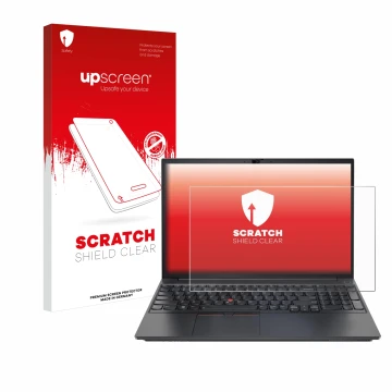 Vorderseite einer Produktverpackung mit dem Markenlogo upscreen. Daneben ist das Gerät Lenovo ThinkPad E15 Gen 3 mit dem zugeh