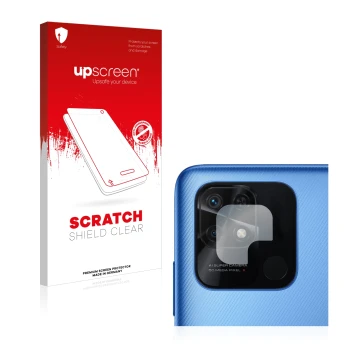 Vorderseite einer Produktverpackung mit dem Markenlogo upscreen. Daneben ist das Gerät Xiaomi Redmi 10C (NUR Kameraschutz) mit