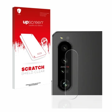 Vorderseite einer Produktverpackung mit dem Markenlogo upscreen. Daneben ist das Gerät Sony Xperia 1 IV (NUR Kameraschutz) mit
