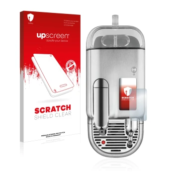 Vorderseite einer Produktverpackung mit dem Markenlogo upscreen. Daneben ist das Gerät Sage Nespresso Creatista Pro mit dem zu