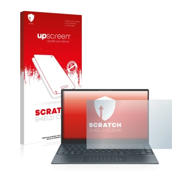 Vorderseite einer Produktverpackung mit dem Markenlogo upscreen. Daneben ist das Gerät ASUS ZenBook 13 OLED mit dem zugehörige