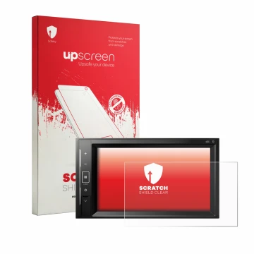 Vorderseite einer Produktverpackung mit dem Markenlogo upscreen. Daneben ist das Gerät Pioneer AVH-A240DAB mit dem zugehörigen