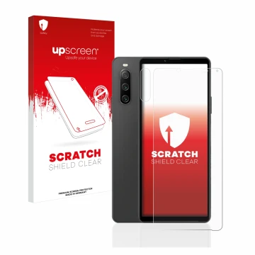 Vorderseite einer Produktverpackung mit dem Markenlogo upscreen. Daneben ist das Gerät Sony Xperia 10 IV (Display+Kamera) mit 