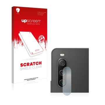 Vorderseite einer Produktverpackung mit dem Markenlogo upscreen. Daneben ist das Gerät Sony Xperia 10 IV (NUR Kameraschutz) mi