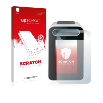 Vorderseite einer Produktverpackung mit dem Markenlogo upscreen. Daneben ist das Gerät Cherry eHealth Terminal ST-1506 mit dem
