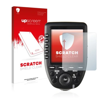 Vorderseite einer Produktverpackung mit dem Markenlogo upscreen. Daneben ist das Gerät Godox XPro mit dem zugehörigen Displays