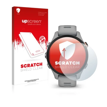 Vorderseite einer Produktverpackung mit dem Markenlogo upscreen. Daneben ist das Gerät Garmin Forerunner 255S mit dem zugehöri