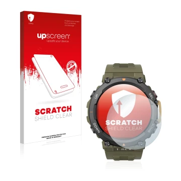 Vorderseite einer Produktverpackung mit dem Markenlogo upscreen. Daneben ist das Gerät Huami Amazfit T-Rex 2 mit dem zugehörig
