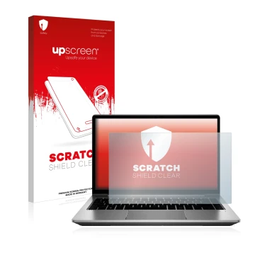 Vorderseite einer Produktverpackung mit dem Markenlogo upscreen. Daneben ist das Gerät HP ProBook 640 G8 mit dem zugehörigen D