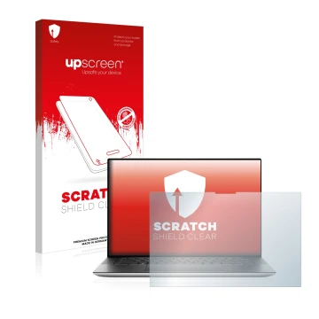 Vorderseite einer Produktverpackung mit dem Markenlogo upscreen. Daneben ist das Gerät Dell XPS 15 9510 Touch mit dem zugehöri