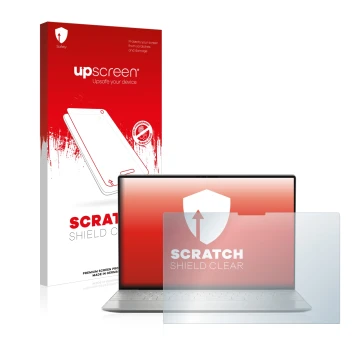 Vorderseite einer Produktverpackung mit dem Markenlogo upscreen. Daneben ist das Gerät Dell XPS 13 Plus 9320 Touch mit dem zug