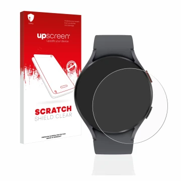 Vorderseite einer Produktverpackung mit dem Markenlogo upscreen. Daneben ist das Gerät Samsung Galaxy Watch 5 (44mm) mit dem z