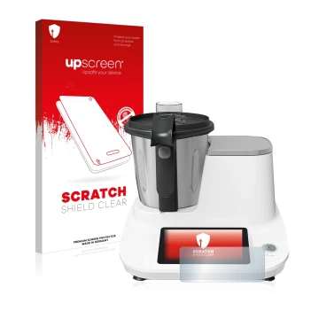Vorderseite einer Produktverpackung mit dem Markenlogo upscreen. Daneben ist das Gerät Moulinex Click&Cook HF5061 mit dem zuge