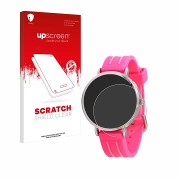 Vorderseite einer Produktverpackung mit dem Markenlogo upscreen. Daneben ist das Gerät Kiddus Children's Learning Watch mit de