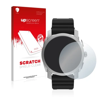 Vorderseite einer Produktverpackung mit dem Markenlogo upscreen. Daneben ist das Gerät Fossil Gen 6 Hybrid Machine (45mm) mit 