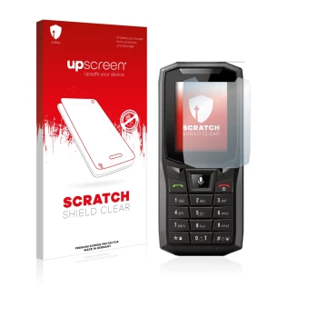 Vorderseite einer Produktverpackung mit dem Markenlogo upscreen. Daneben ist das Gerät Crosscall Core-S4 mit dem zugehörigen D