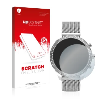 Vorderseite einer Produktverpackung mit dem Markenlogo upscreen. Daneben ist das Gerät Fossil Stella (6. Gen) mit dem zugehöri