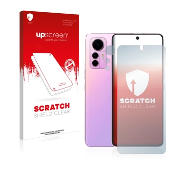 Vorderseite einer Produktverpackung mit dem Markenlogo upscreen. Daneben ist das Gerät Xiaomi 12 Lite (Display+Kamera) mit dem
