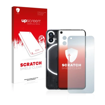Vorderseite einer Produktverpackung mit dem Markenlogo upscreen. Daneben ist das Gerät Nothing Phone (1) (Display+Kamera) mit 