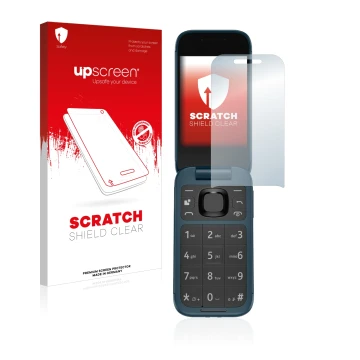 Vorderseite einer Produktverpackung mit dem Markenlogo upscreen. Daneben ist das Gerät Nokia 2660 Flip mit dem zugehörigen Dis