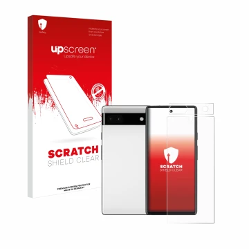 Vorderseite einer Produktverpackung mit dem Markenlogo upscreen. Daneben ist das Gerät Google Pixel 6a (Display+Kamera) mit de