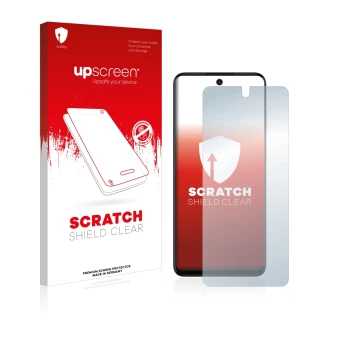 Vorderseite einer Produktverpackung mit dem Markenlogo upscreen. Daneben ist das Gerät Motorola Moto G32 mit dem zugehörigen D
