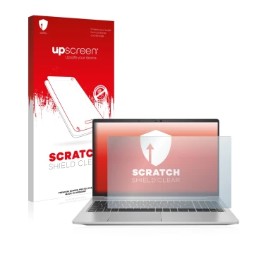 Vorderseite einer Produktverpackung mit dem Markenlogo upscreen. Daneben ist das Gerät HP ProBook 650 G8 mit dem zugehörigen D