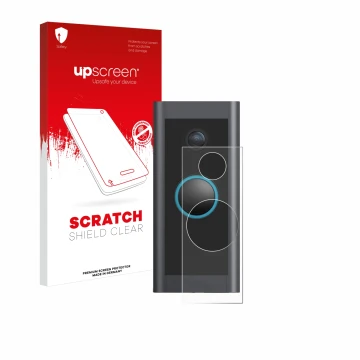 Vorderseite einer Produktverpackung mit dem Markenlogo upscreen. Daneben ist das Gerät Ring Video Doorbell Wired mit dem zugeh