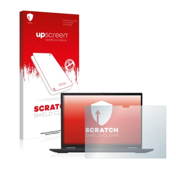 Vorderseite einer Produktverpackung mit dem Markenlogo upscreen. Daneben ist das Gerät Lenovo ThinkPad X13 Yoga Gen 3 mit dem 