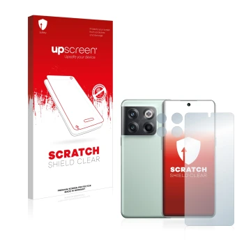 Vorderseite einer Produktverpackung mit dem Markenlogo upscreen. Daneben ist das Gerät OnePlus 10T 5G (Display+Kamera) mit dem