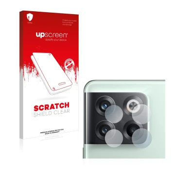 Vorderseite einer Produktverpackung mit dem Markenlogo upscreen. Daneben ist das Gerät OnePlus 10T 5G (NUR Kameraschutz) mit d