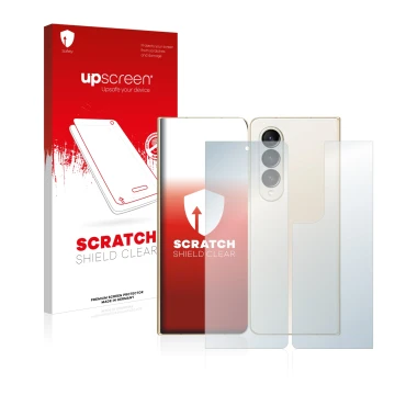 Vorderseite einer Produktverpackung mit dem Markenlogo upscreen. Daneben ist das Gerät Samsung Galaxy Z Fold 4 (Display+Rückse