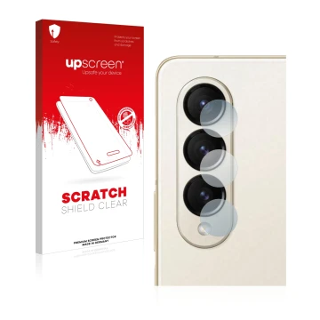 Vorderseite einer Produktverpackung mit dem Markenlogo upscreen. Daneben ist das Gerät Samsung Galaxy Z Fold 4 (NUR Kameraschu
