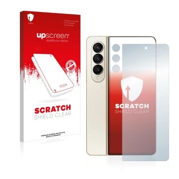 Vorderseite einer Produktverpackung mit dem Markenlogo upscreen. Daneben ist das Gerät Samsung Galaxy Z Fold 4 (Display+Kamera