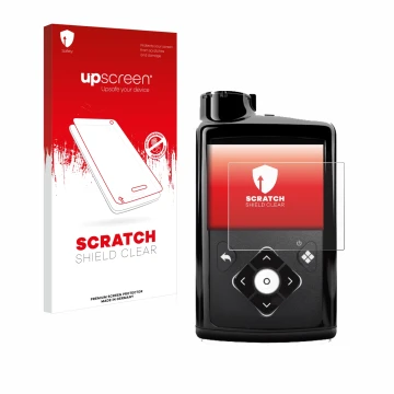 Vorderseite einer Produktverpackung mit dem Markenlogo upscreen. Daneben ist das Gerät Medtronic Minimed 780G mit dem zugehöri