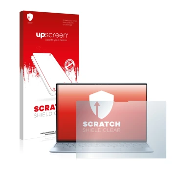 Vorderseite einer Produktverpackung mit dem Markenlogo upscreen. Daneben ist das Gerät Dell XPS 13 9315 Touch mit dem zugehöri