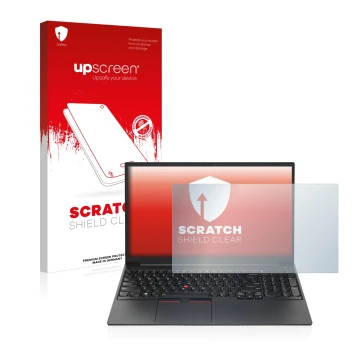 Vorderseite einer Produktverpackung mit dem Markenlogo upscreen. Daneben ist das Gerät Lenovo ThinkPad E15 Gen 4 mit dem zugeh