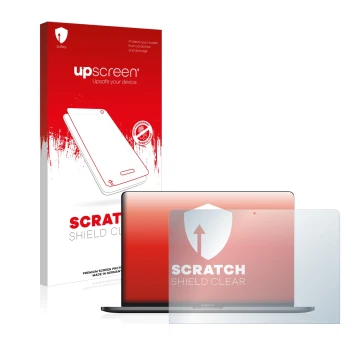 Vorderseite einer Produktverpackung mit dem Markenlogo upscreen. Daneben ist das Gerät Apple MacBook Pro 13