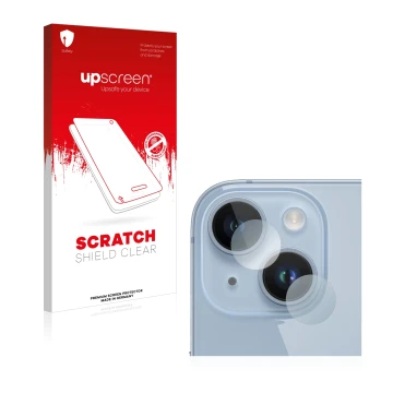 Vorderseite einer Produktverpackung mit dem Markenlogo upscreen. Daneben ist das Gerät Apple iPhone 14 (NUR Kameraschutz) mit 