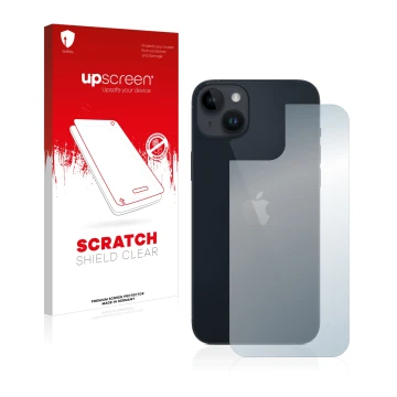 Vorderseite einer Produktverpackung mit dem Markenlogo upscreen. Daneben ist das Gerät Apple iPhone 14 Plus (Rückseite) mit de