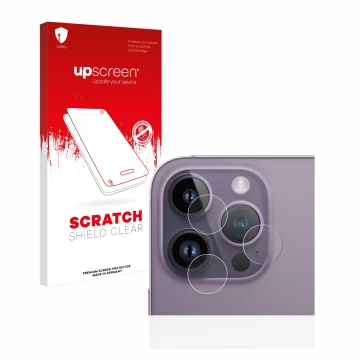 Vorderseite einer Produktverpackung mit dem Markenlogo upscreen. Daneben ist das Gerät Apple iPhone 14 Pro Max (NUR Kameraschu