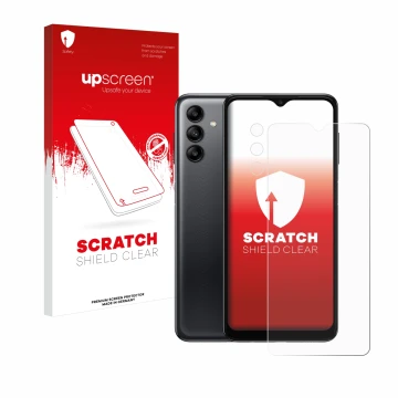 Vorderseite einer Produktverpackung mit dem Markenlogo upscreen. Daneben ist das Gerät Samsung Galaxy A04s (Display+Kamera) mi