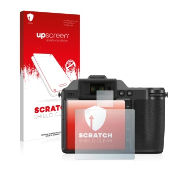 Vorderseite einer Produktverpackung mit dem Markenlogo upscreen. Daneben ist das Gerät Hasselblad X2D 100C mit dem zugehörigen