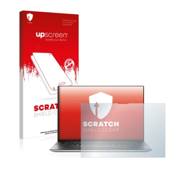 Vorderseite einer Produktverpackung mit dem Markenlogo upscreen. Daneben ist das Gerät Dell XPS 15 9520 Touch mit dem zugehöri