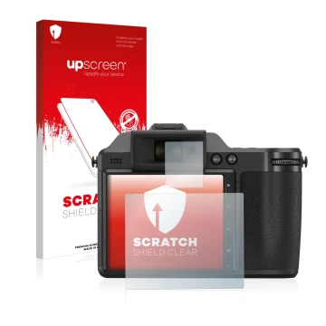 Vorderseite einer Produktverpackung mit dem Markenlogo upscreen. Daneben ist das Gerät Fujifilm X-H2 mit dem zugehörigen Displ