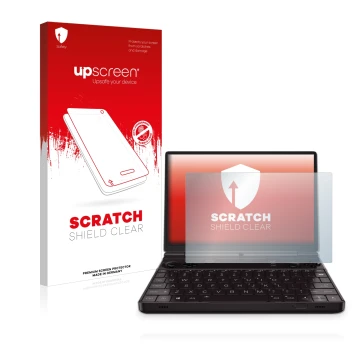 Vorderseite einer Produktverpackung mit dem Markenlogo upscreen. Daneben ist das Gerät GPD Win Max 2 mit dem zugehörigen Displ